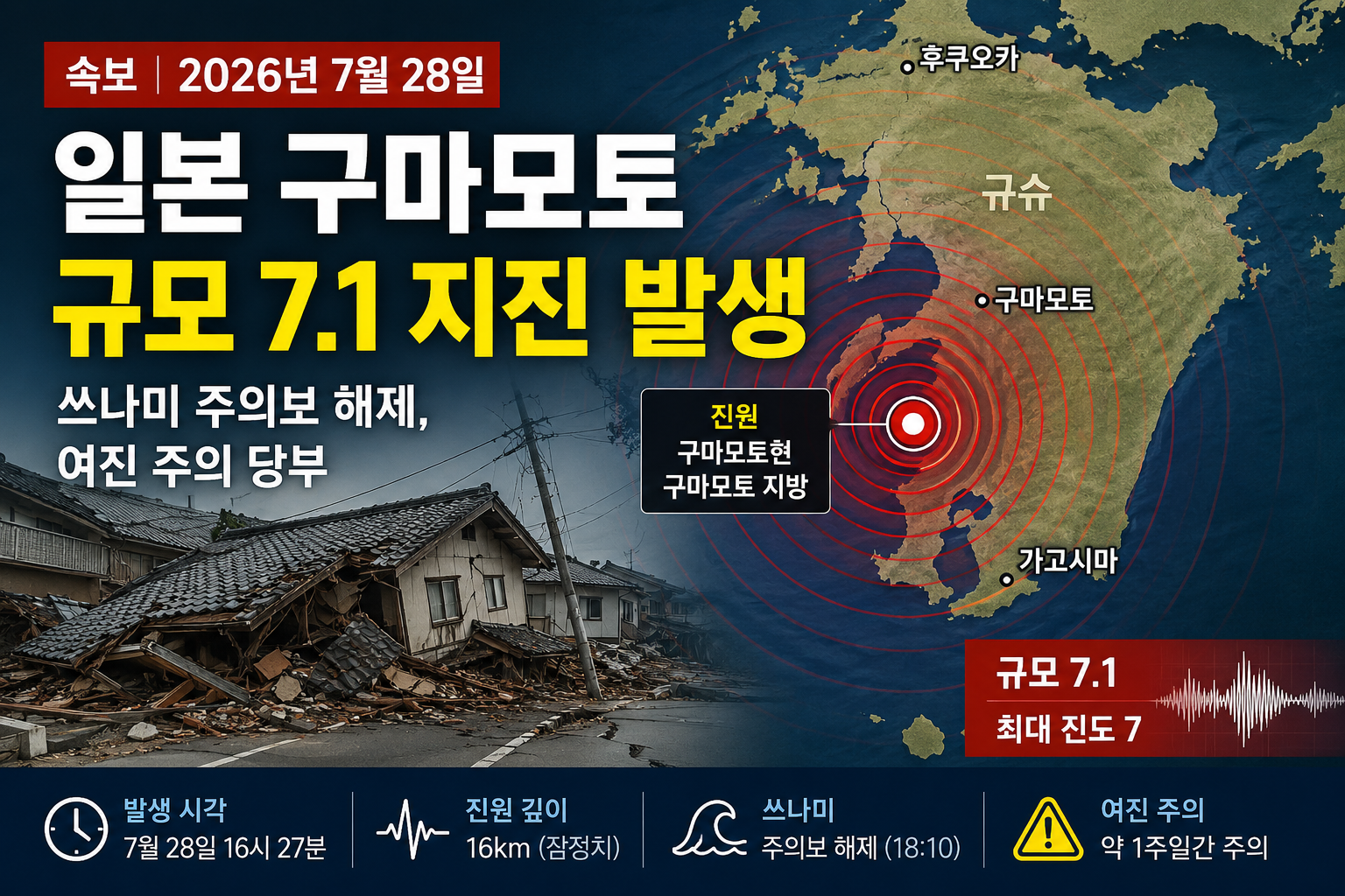 일본 지진 최신 상황|구마모토 규모 7.1·여진 주의